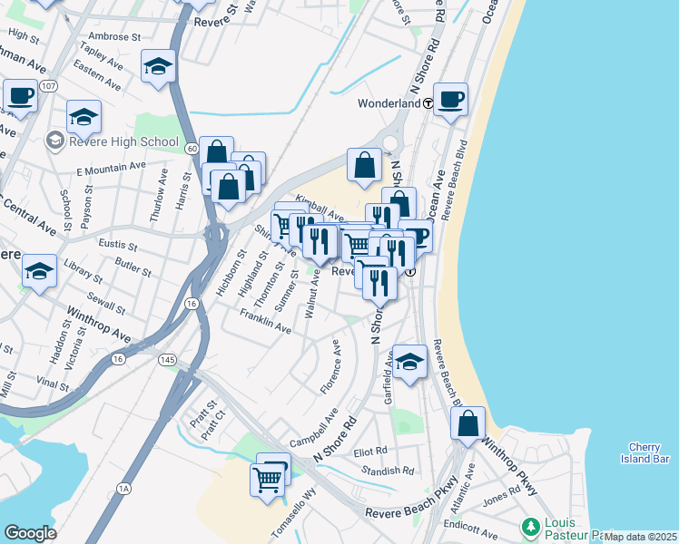 map of restaurants, bars, coffee shops, grocery stores, and more near 108 Shirley Avenue in Revere