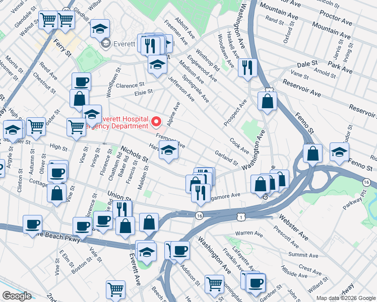 map of restaurants, bars, coffee shops, grocery stores, and more near 149 Fremont Avenue in Everett