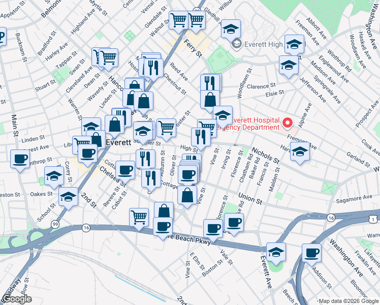 map of restaurants, bars, coffee shops, grocery stores, and more near 131 High Street in Everett