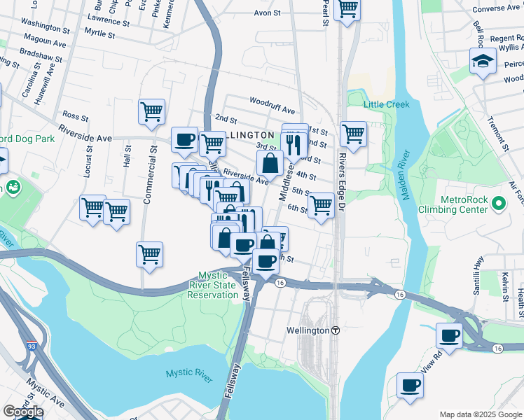 map of restaurants, bars, coffee shops, grocery stores, and more near 11 Bradbury Avenue in Medford