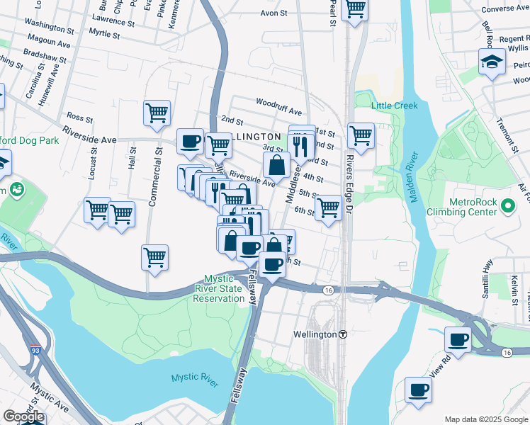 map of restaurants, bars, coffee shops, grocery stores, and more near 11 Bradbury Avenue in Medford