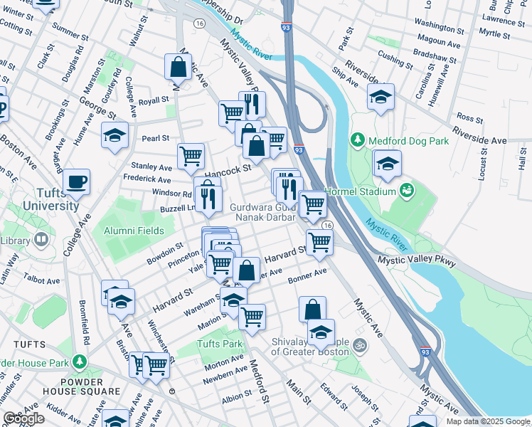 map of restaurants, bars, coffee shops, grocery stores, and more near 71 Billings Avenue in Medford