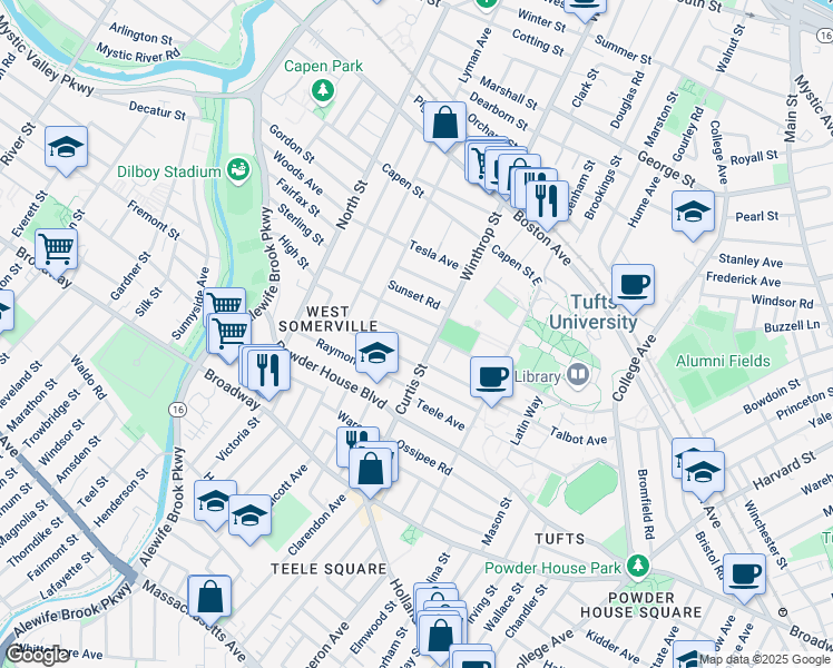 map of restaurants, bars, coffee shops, grocery stores, and more near 27 Curtis Avenue in Somerville