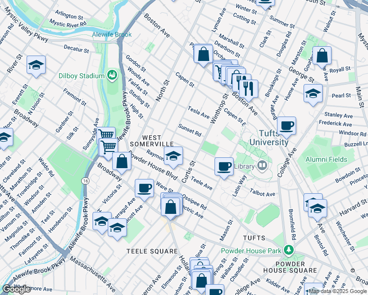 map of restaurants, bars, coffee shops, grocery stores, and more near 27 Curtis Avenue in Somerville