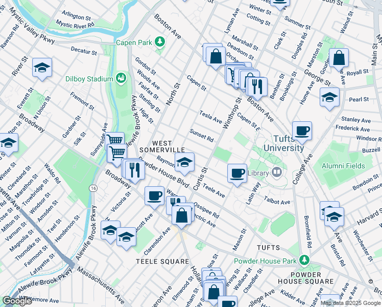map of restaurants, bars, coffee shops, grocery stores, and more near 27 Curtis Avenue in Somerville