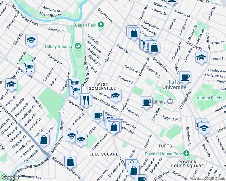 map of restaurants, bars, coffee shops, grocery stores, and more near 54 Curtis Avenue in Somerville