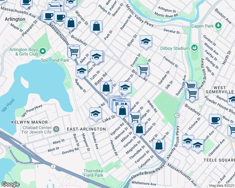 map of restaurants, bars, coffee shops, grocery stores, and more near 46-48 Oxford Street in Arlington