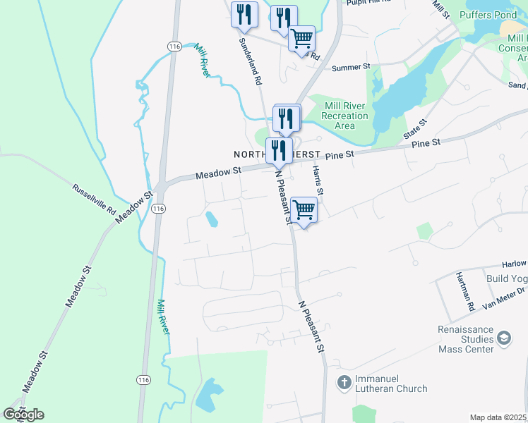 map of restaurants, bars, coffee shops, grocery stores, and more near 1136 North Pleasant Street in Amherst