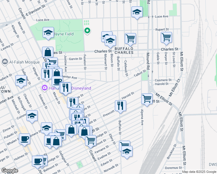 map of restaurants, bars, coffee shops, grocery stores, and more near 5130 Eldridge Street in Hamtramck