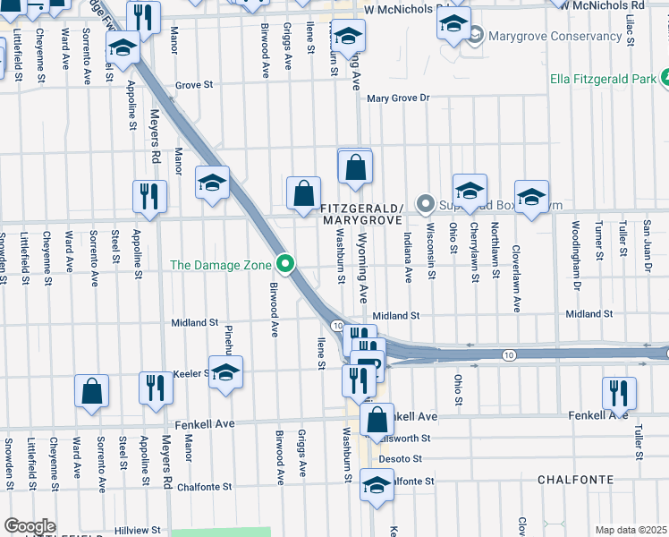 map of restaurants, bars, coffee shops, grocery stores, and more near 15801 Washburn Street in Detroit