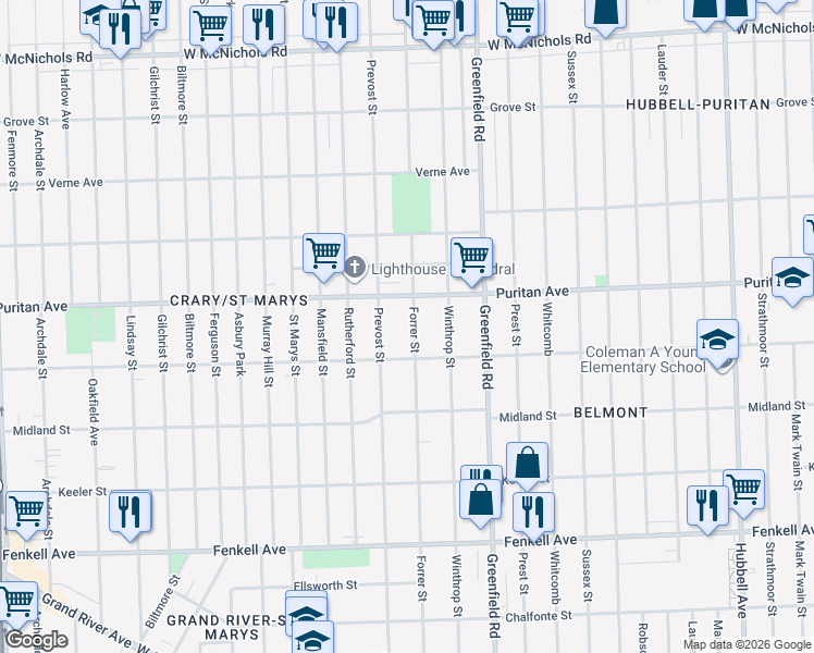 map of restaurants, bars, coffee shops, grocery stores, and more near 15883 Forrer Street in Detroit