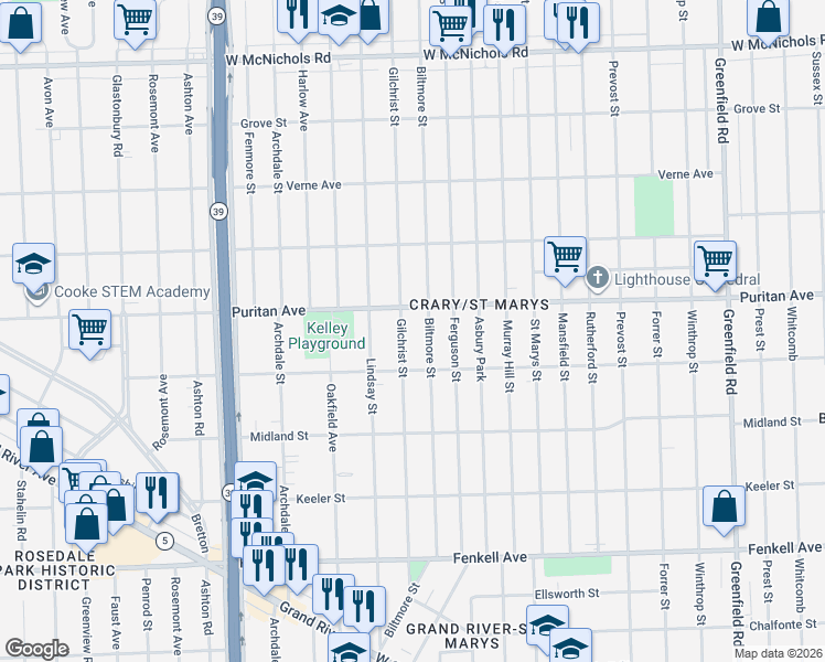 map of restaurants, bars, coffee shops, grocery stores, and more near 15889 Biltmore Street in Detroit