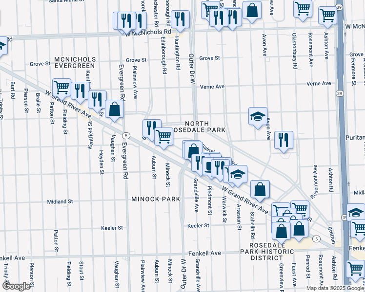map of restaurants, bars, coffee shops, grocery stores, and more near 9514 Outer Drive West in Detroit