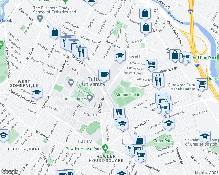 map of restaurants, bars, coffee shops, grocery stores, and more near 182 College Avenue in Medford