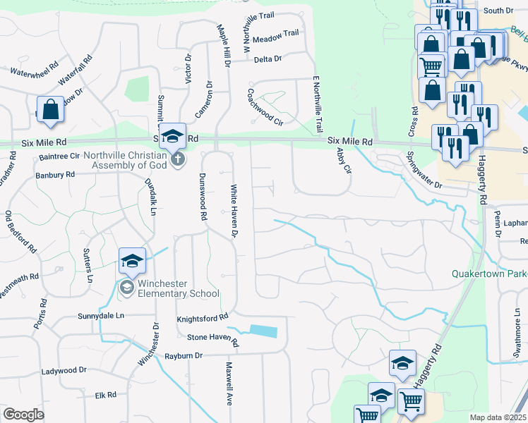 map of restaurants, bars, coffee shops, grocery stores, and more near 39844 Muirfield Lane in Northville
