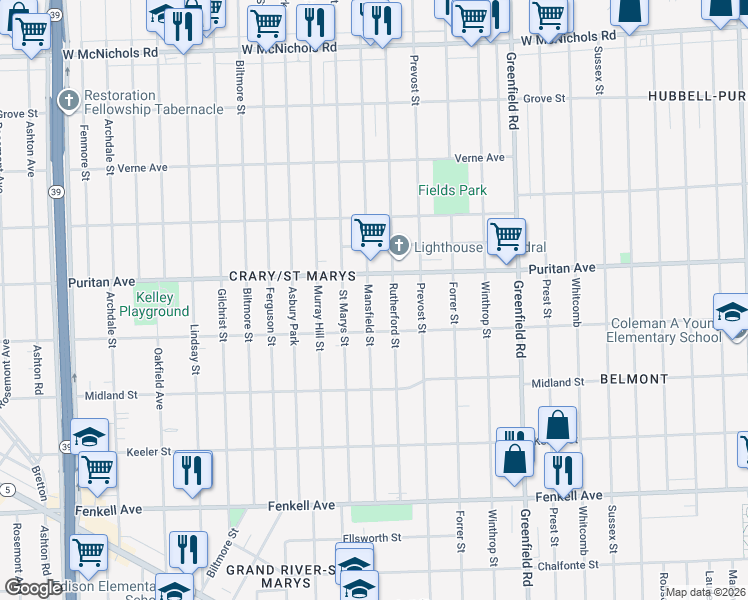 map of restaurants, bars, coffee shops, grocery stores, and more near 15884 Mansfield Street in Detroit
