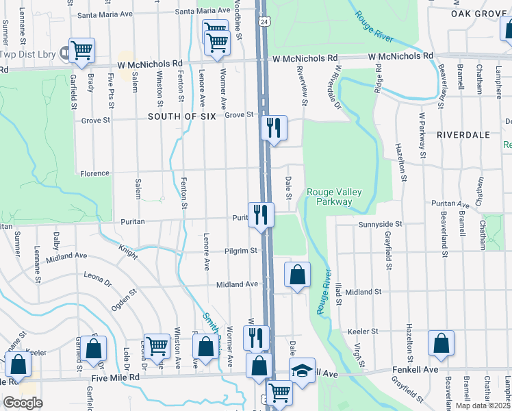 map of restaurants, bars, coffee shops, grocery stores, and more near 16130 Woodbine Street in Detroit