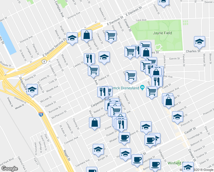 map of restaurants, bars, coffee shops, grocery stores, and more near 2950 Burnside Street in Hamtramck