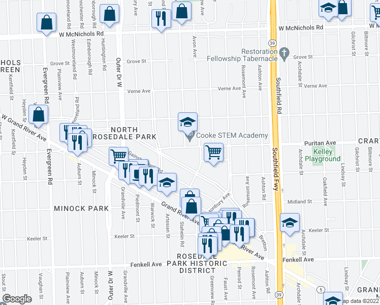 map of restaurants, bars, coffee shops, grocery stores, and more near 18851 Puritan Avenue in Detroit