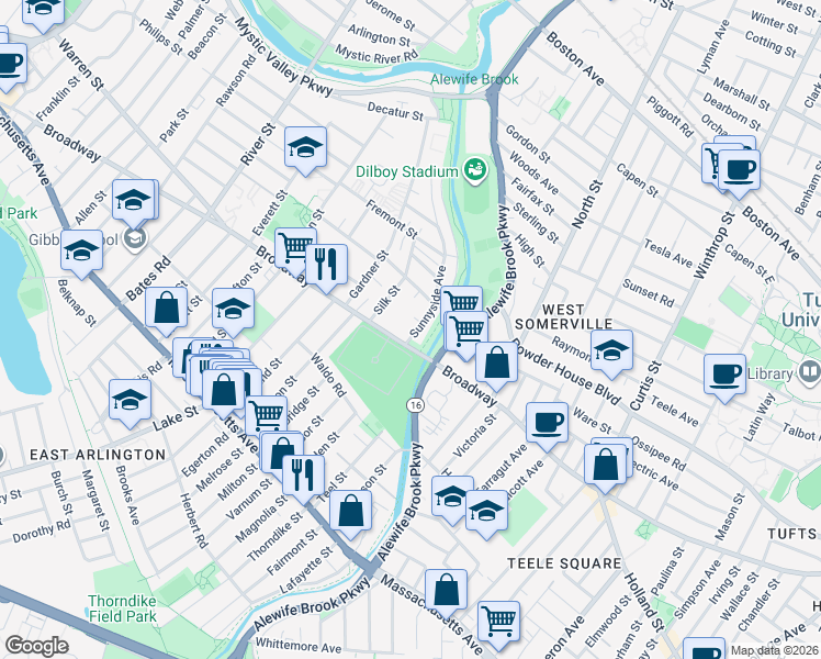 map of restaurants, bars, coffee shops, grocery stores, and more near 10 Sunnyside Avenue in Arlington