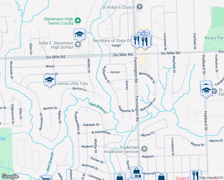 map of restaurants, bars, coffee shops, grocery stores, and more near 16725 Pollyanna Street in Livonia