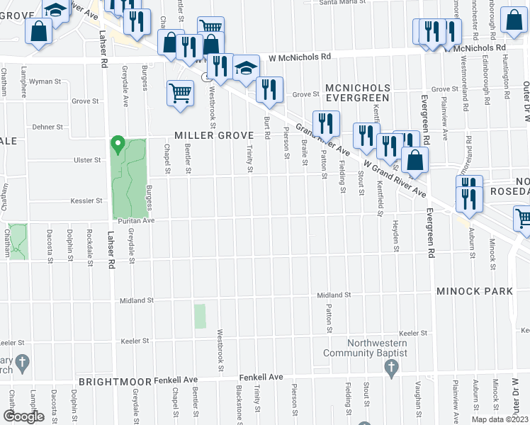 map of restaurants, bars, coffee shops, grocery stores, and more near 16105 Burt Road in Detroit