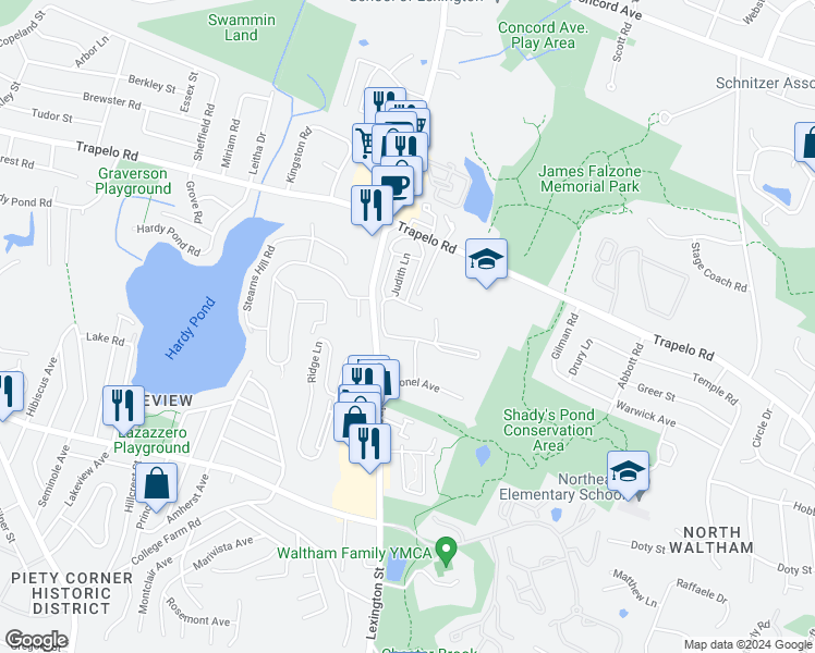 map of restaurants, bars, coffee shops, grocery stores, and more near 36 Jacqueline Road in Waltham