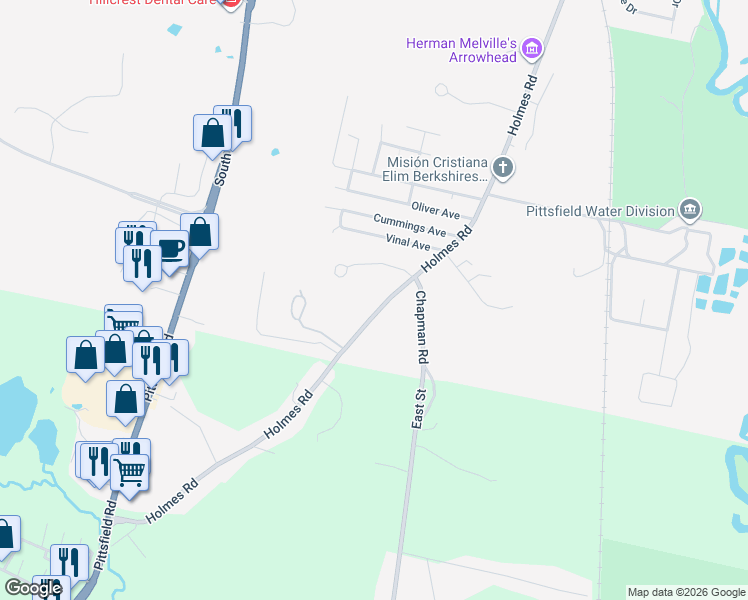 map of restaurants, bars, coffee shops, grocery stores, and more near 1066 Holmes Road in Pittsfield