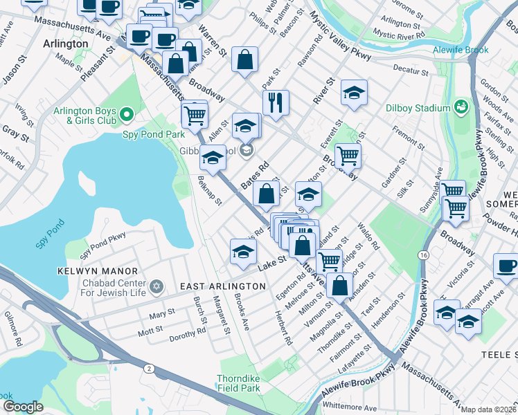 map of restaurants, bars, coffee shops, grocery stores, and more near 255 Massachusetts Avenue in Arlington