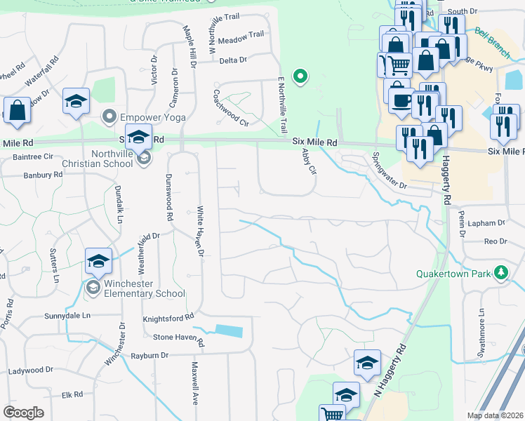 map of restaurants, bars, coffee shops, grocery stores, and more near 39536 Village Run Dr in Northville