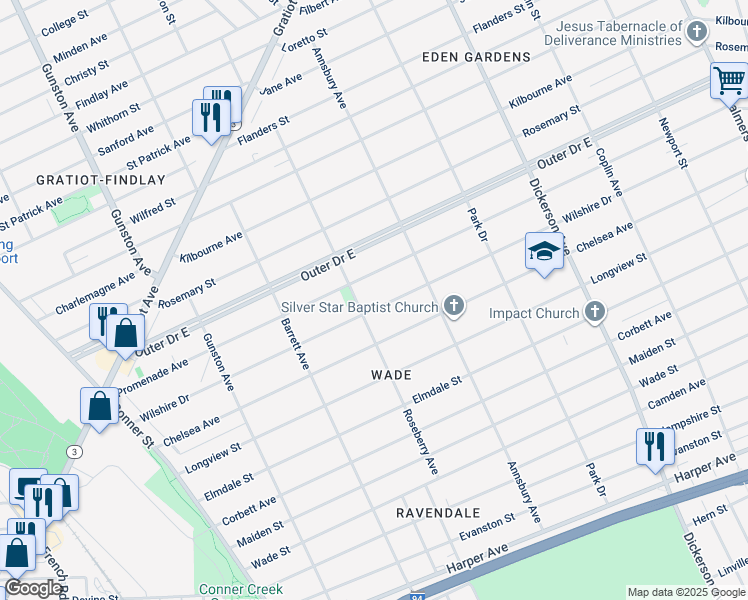 map of restaurants, bars, coffee shops, grocery stores, and more near 12231 Wilshire Dr in Detroit