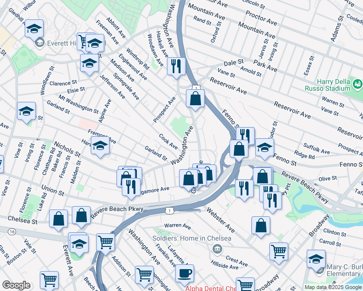 map of restaurants, bars, coffee shops, grocery stores, and more near 1 Springvale Avenue in Chelsea