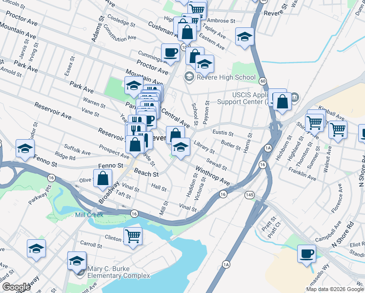 map of restaurants, bars, coffee shops, grocery stores, and more near 156 Beach Street in Revere