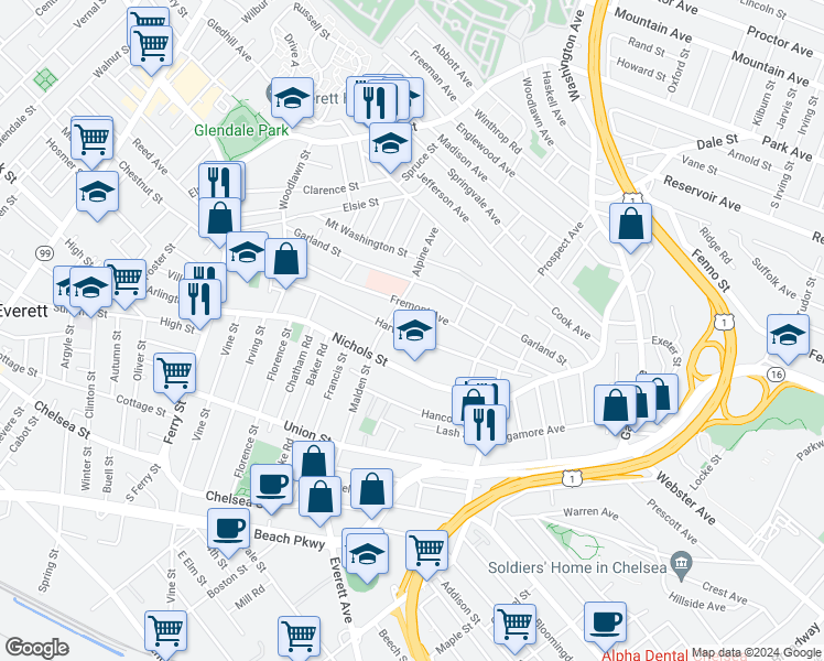 map of restaurants, bars, coffee shops, grocery stores, and more near 114 Harvard Street in Everett