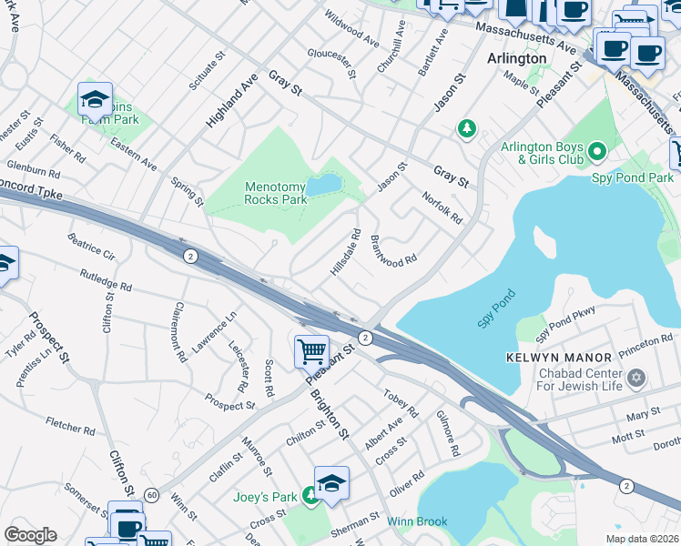 map of restaurants, bars, coffee shops, grocery stores, and more near 43 Brunswick Road in Arlington