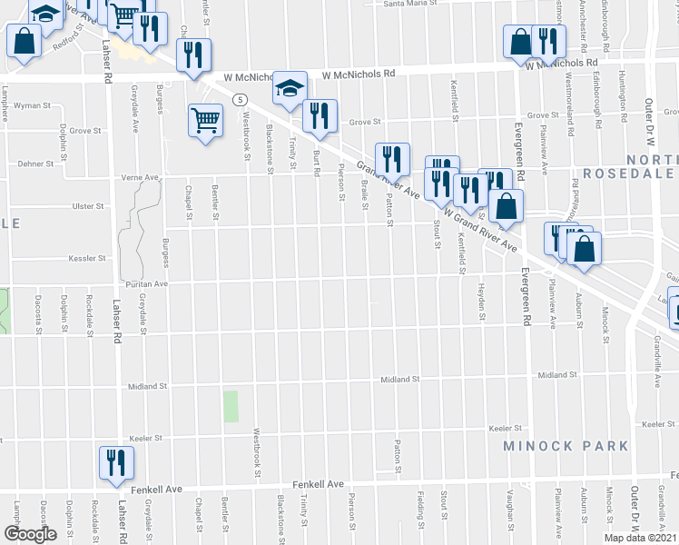 map of restaurants, bars, coffee shops, grocery stores, and more near 16101 Pierson Street in Detroit