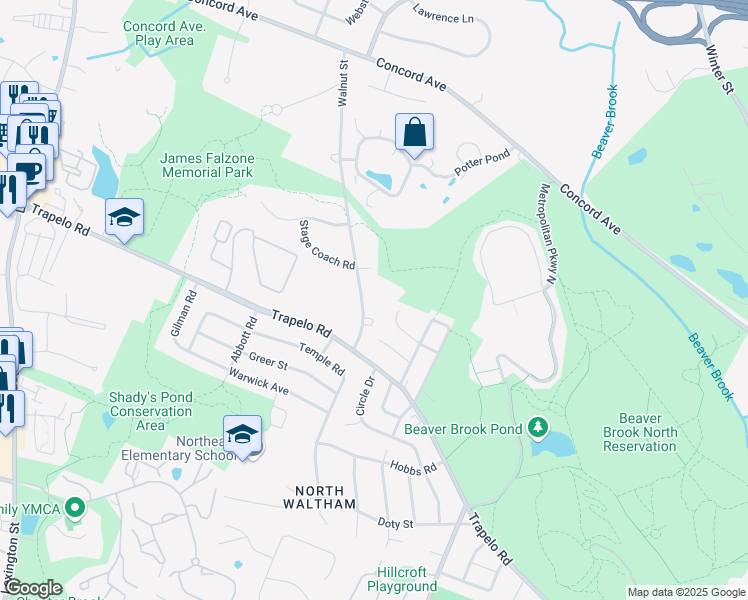 map of restaurants, bars, coffee shops, grocery stores, and more near 45 Woburn Street in Waltham
