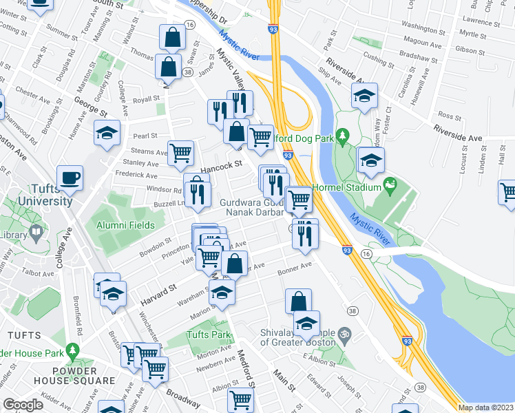 map of restaurants, bars, coffee shops, grocery stores, and more near 86 Bowen Avenue in Medford