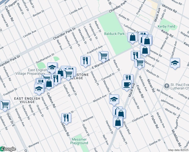 map of restaurants, bars, coffee shops, grocery stores, and more near 4850 University Pl in Detroit