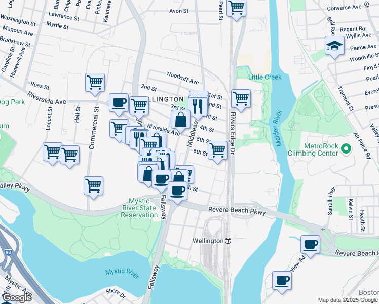 map of restaurants, bars, coffee shops, grocery stores, and more near 167 Middlesex Avenue in Medford
