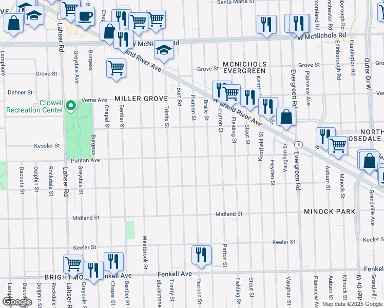 map of restaurants, bars, coffee shops, grocery stores, and more near 16101 Pierson Street in Detroit