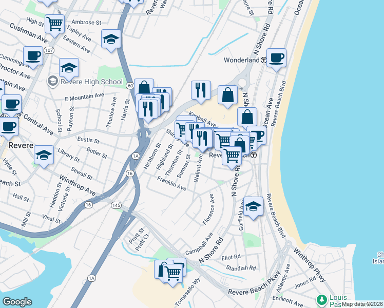 map of restaurants, bars, coffee shops, grocery stores, and more near 90b Shirley Avenue in Revere
