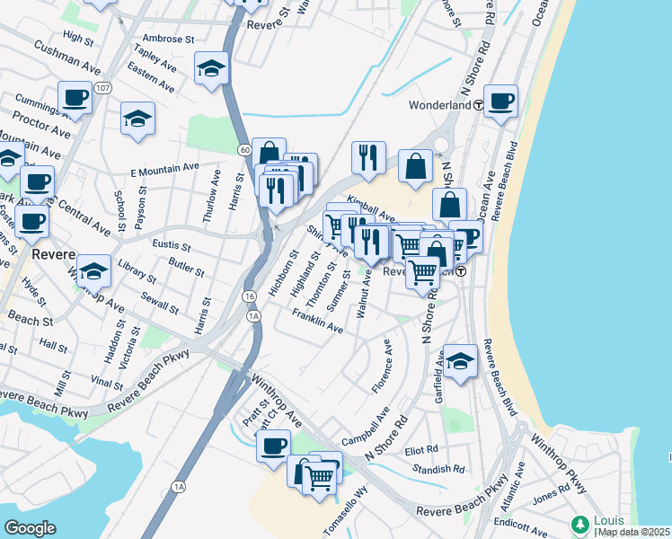 map of restaurants, bars, coffee shops, grocery stores, and more near 90b Shirley Avenue in Revere