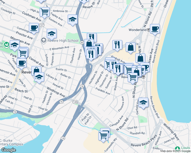 map of restaurants, bars, coffee shops, grocery stores, and more near 42 Hichborn Street in Revere
