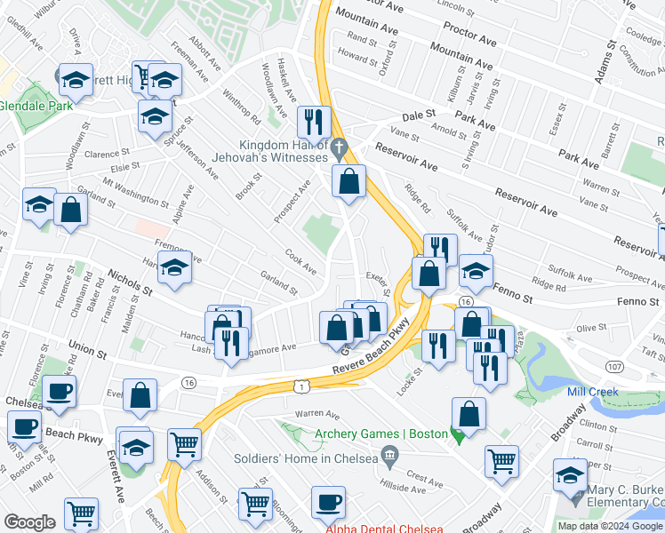 map of restaurants, bars, coffee shops, grocery stores, and more near 1 Springvale Avenue in Chelsea