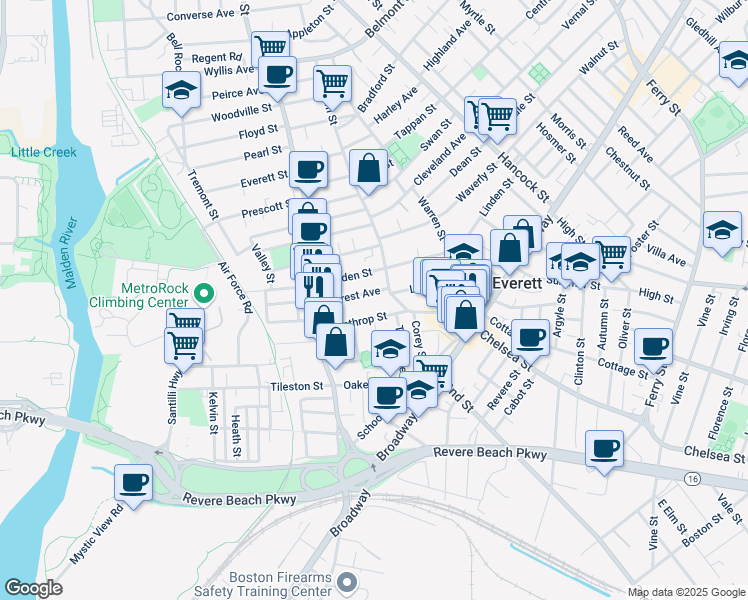 map of restaurants, bars, coffee shops, grocery stores, and more near 55 Forest Avenue in Everett