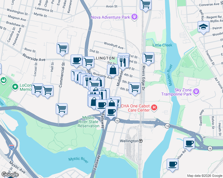 map of restaurants, bars, coffee shops, grocery stores, and more near 11 Bradbury Avenue in Medford