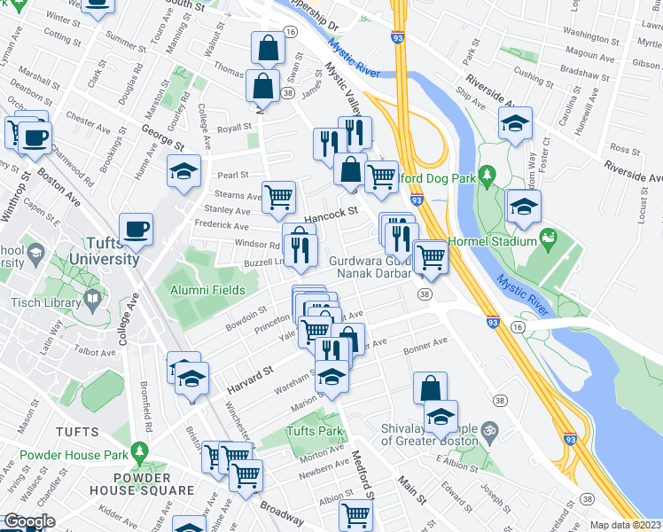 map of restaurants, bars, coffee shops, grocery stores, and more near 32 Billings Avenue in Medford