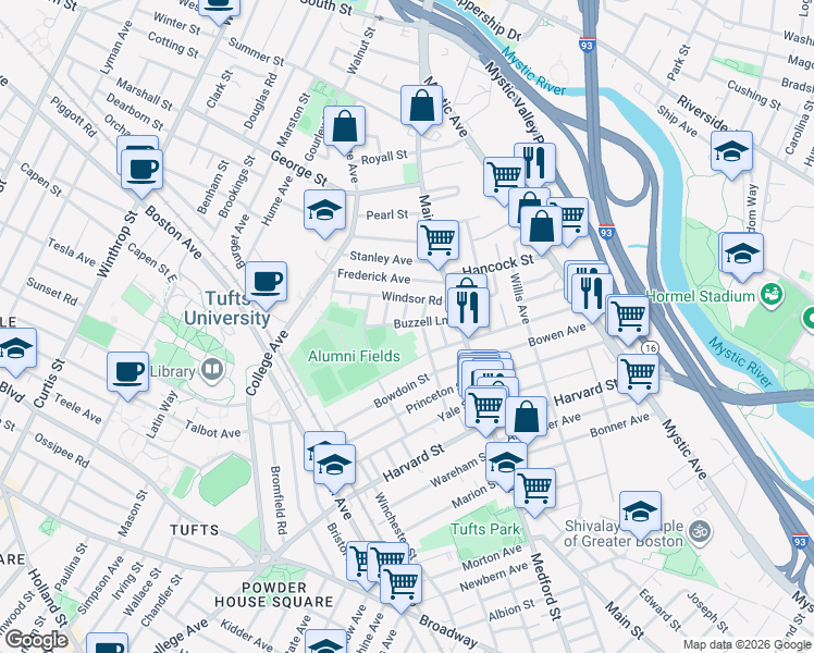 map of restaurants, bars, coffee shops, grocery stores, and more near 20 Buzzell Lane in Medford