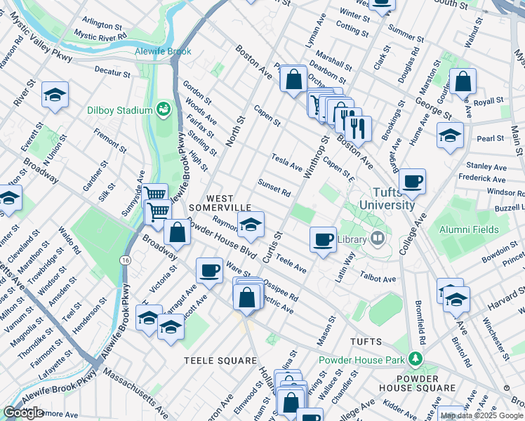 map of restaurants, bars, coffee shops, grocery stores, and more near 27 Curtis Avenue in Somerville